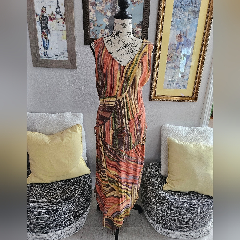 Vintage Multicolor Abstract Sleeveless Skirt And Matching Top Sz XL